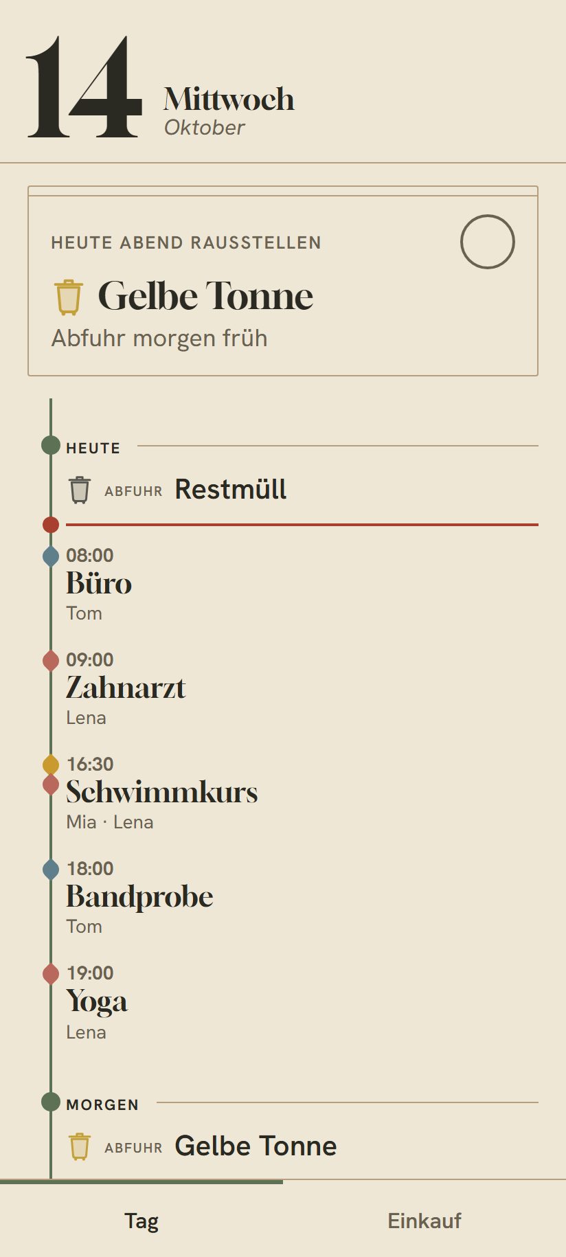 Der Tag am Handy: oben groß der 14. und die Gelbe Tonne für heute Abend, darunter die Termine von Tom, Lena und Mia an einem senkrechten Stängel.